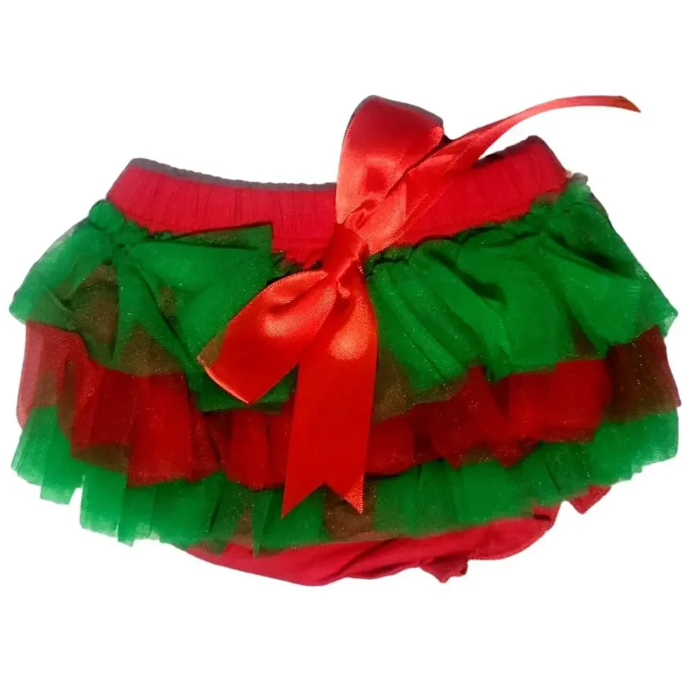 Baby Girls Red‎ & Green Ruffle Bloomers with Red Satin Bow XS